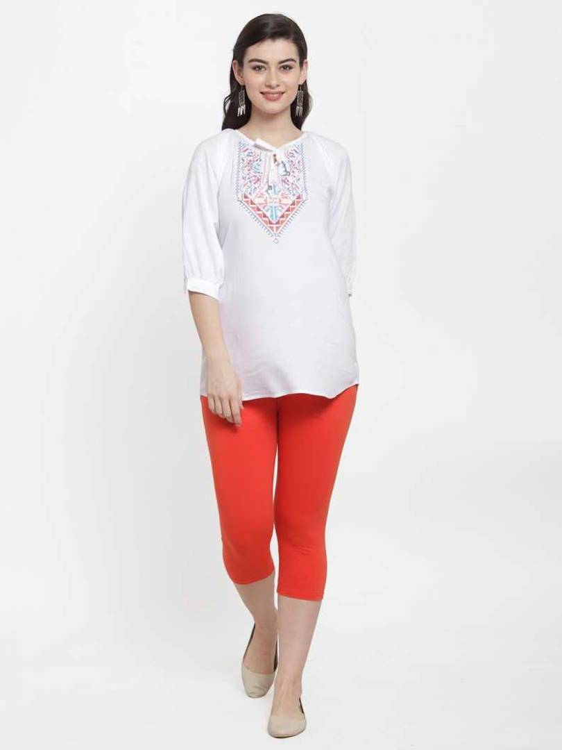 Stylish Leggings Solid Skin Fit Orange Cotton Spandex Capri For Women & Girls
